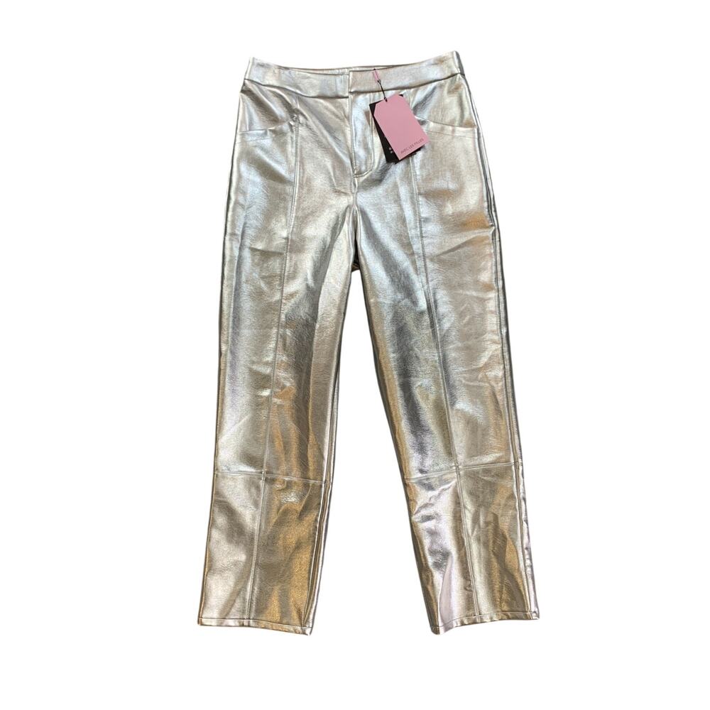Avec Les Filles Pants Womens M Medium Silver Metallic Faux Leather Cropped Leg